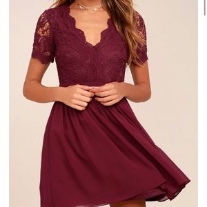 Lulus Angel in Disguise Burgundy Lace Skater Dress
